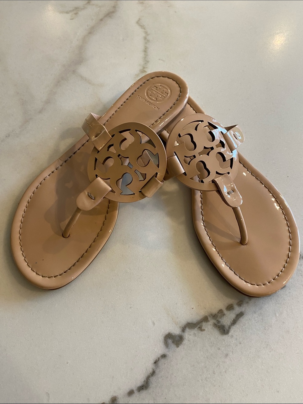 Tory Burch Nude Tan Logo Thong Sandals